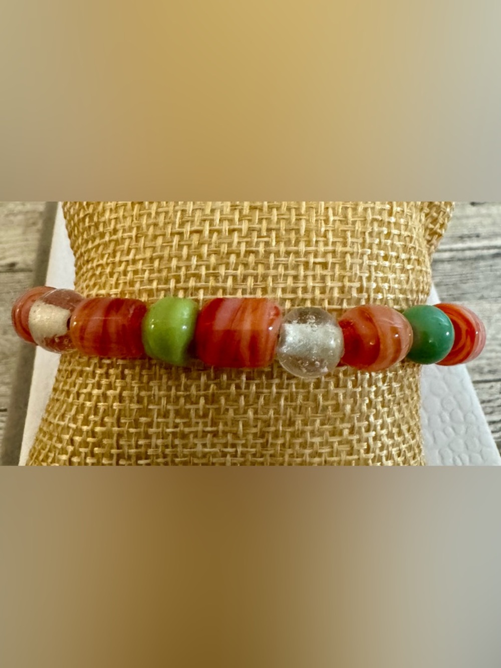 Colorful Glass Bead Stretch Bracelet with Pink and Green